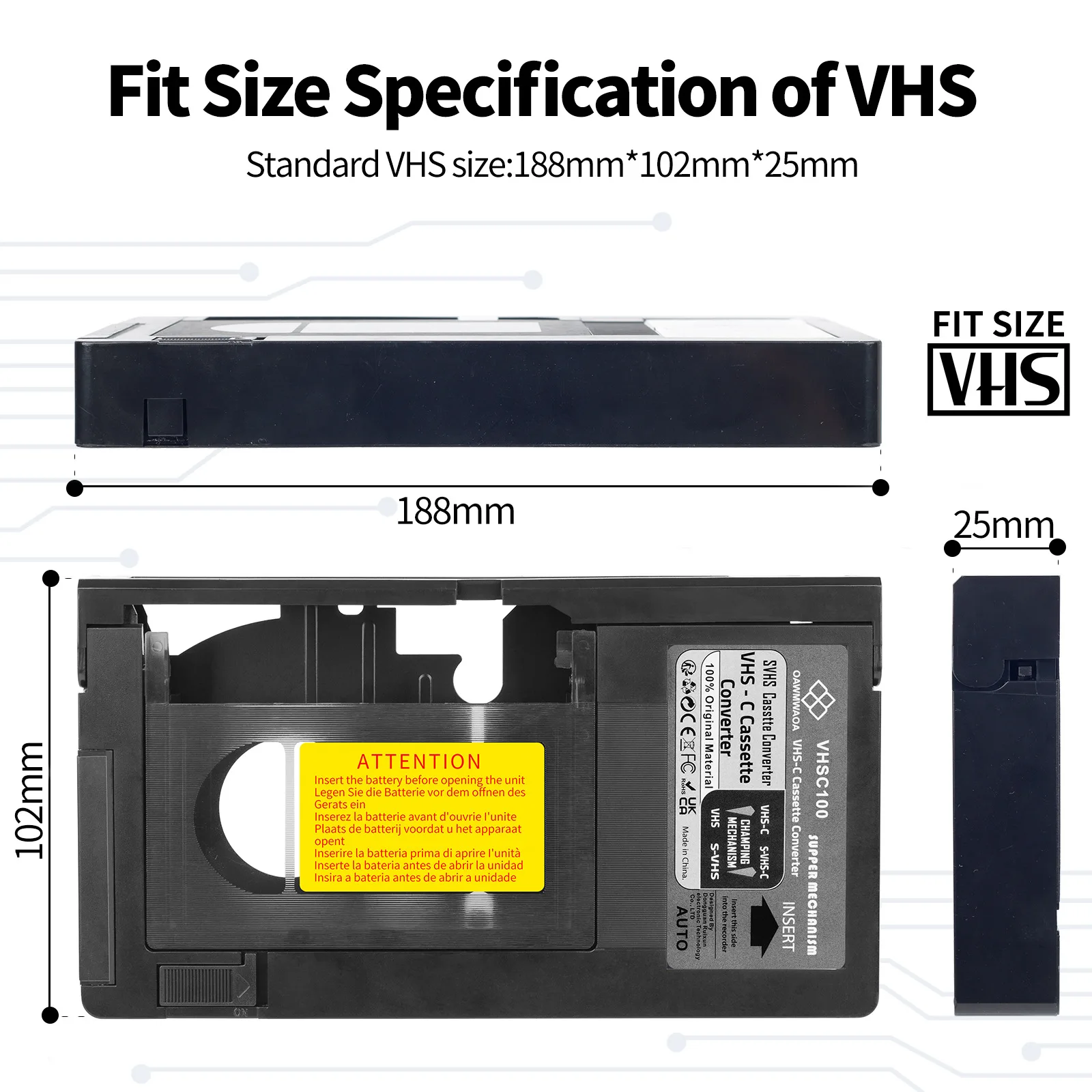 VHS-C Video Cassette Adaptor - NOT COMPATIBLE WITH 8mm/MiniDV/Hi8 Tapes