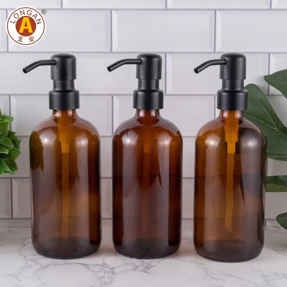 Bath Wholesale 500Ml Amber Glass Hand Soap Dispenser Bottle White Lotion Pump Glass Liquid Bottle With Lotion Pump