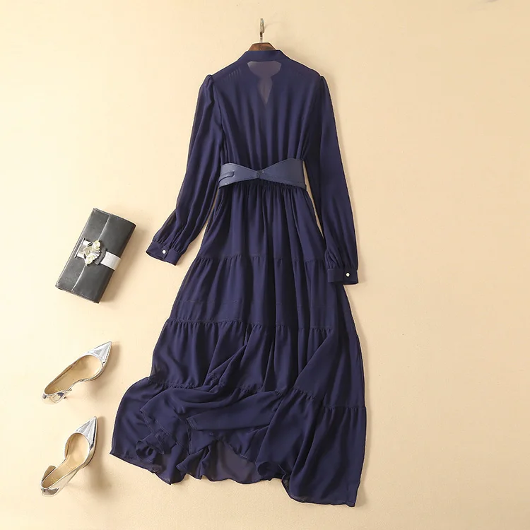 
Spring 2021 Temperament V Neck Long Sleeved Pink Dress Waist Slimming Long Skirt Dress 