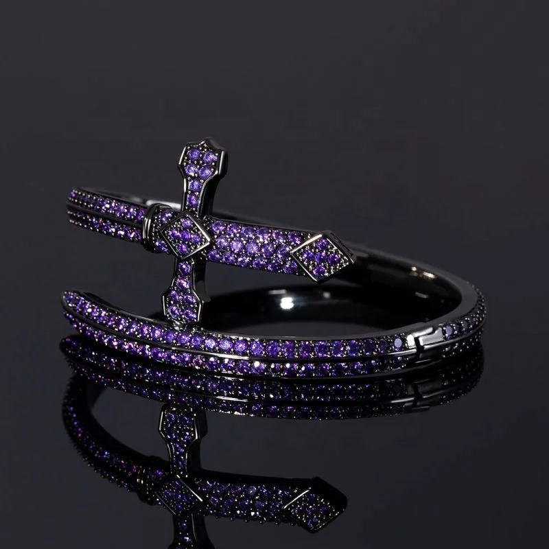 Stylish Iced Out Purple Cz Cubic Zirconia Black Gold Hip Hop Sword Bangle Bracelet