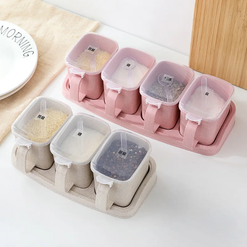 Condiment Jar Spice Container with Lids and Spoons, Clear Glass Condiment Canisters Pots Seasoning Box Salt Container Sugar Bowl