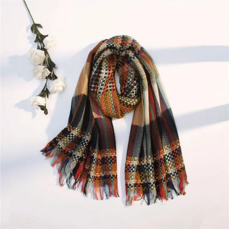 Вязаный цветной шарф в полоску на осень/зиму, длинный плотный теплый шарф с бахромой