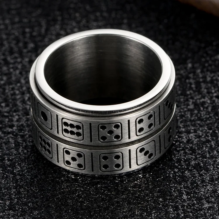 Creative Jewelry Funny Double Layer Round Loop Spin Finger Ring Silver Stainless Steel Engraved Grain Dice Game Ring