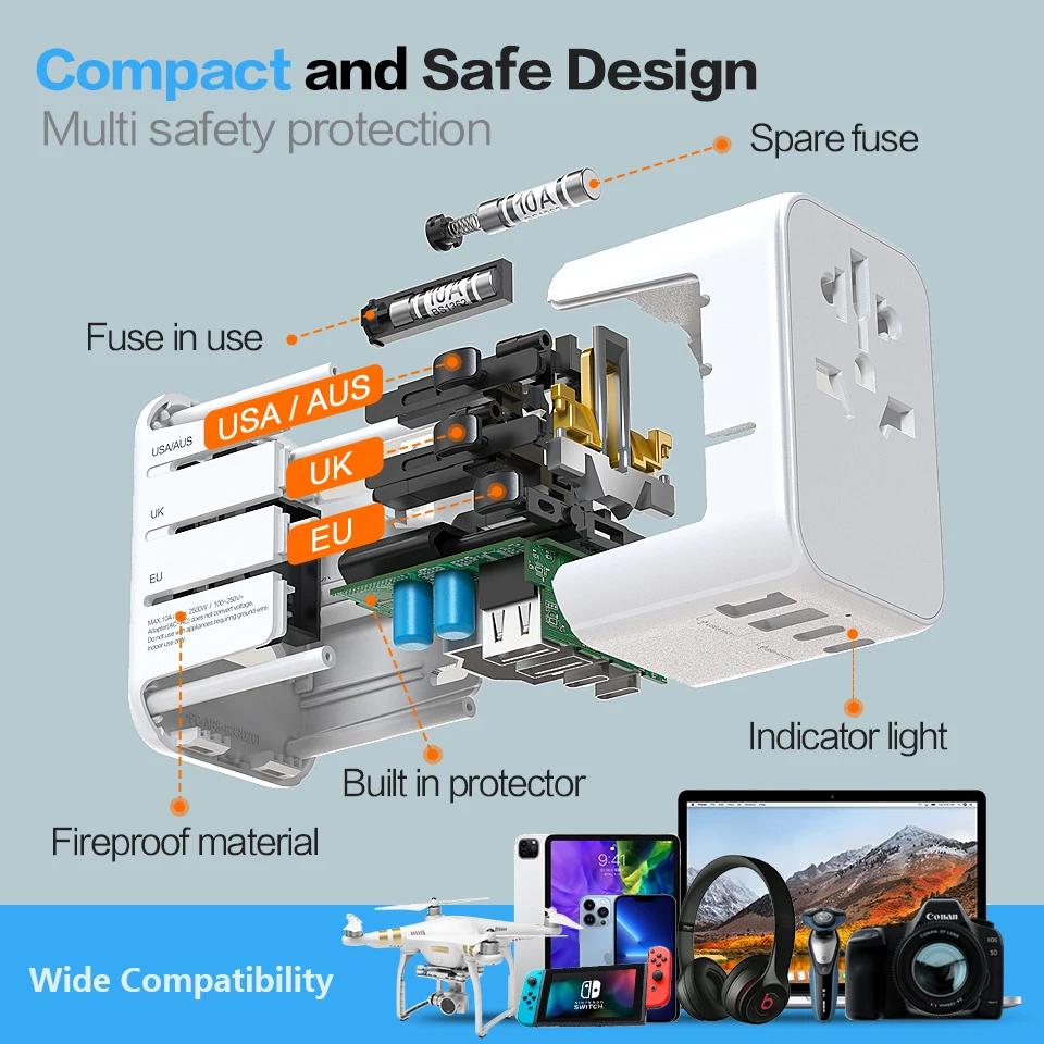 Worldplug International PD Fast Charger Adaptor Universal Travel Power Plug Outlet Adapter with USB and Type-C