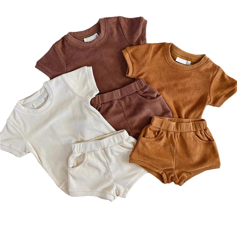 Summer Short Sleeve Crew Neck T shirts Pockets Shorts Set Boys Toddler Terry Towel Outfits