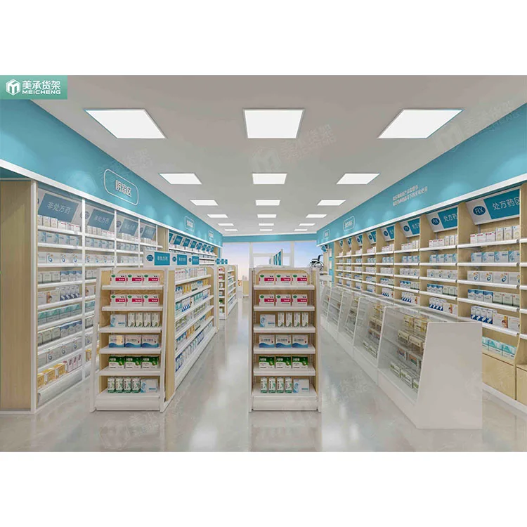 Meicheng Medical Shelves Shop Interior Display Racks Furniture Medical Rack Retail Store Counter Design For Pharmacy Wood Shelf