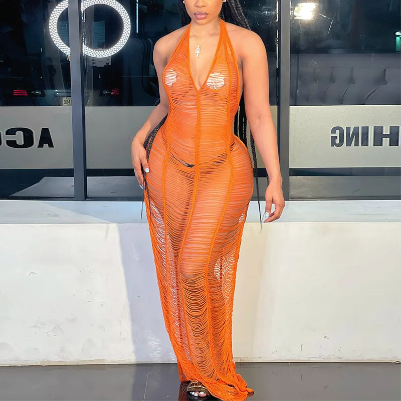 2024 Summer Beach Dress Long Sheer Plus Size White Halter Women Sexy Swimsuit Mesh Beach  Dresses Cover Up