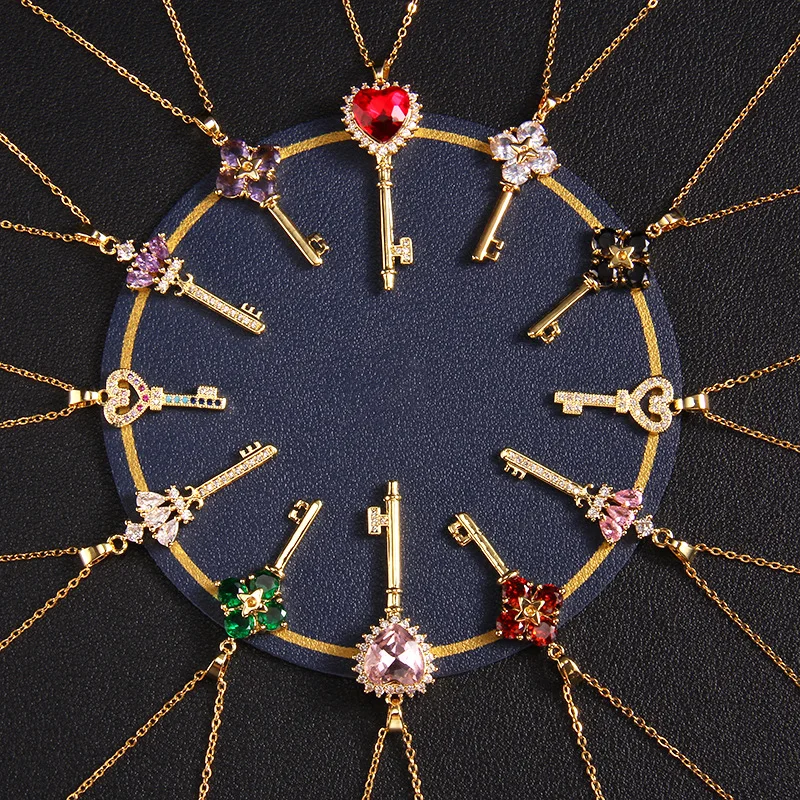 Newest Colorful Zircon Love Heart Four Leaf Clover Pendant Necklace Gold Plated Crystal Key Shaped Necklace