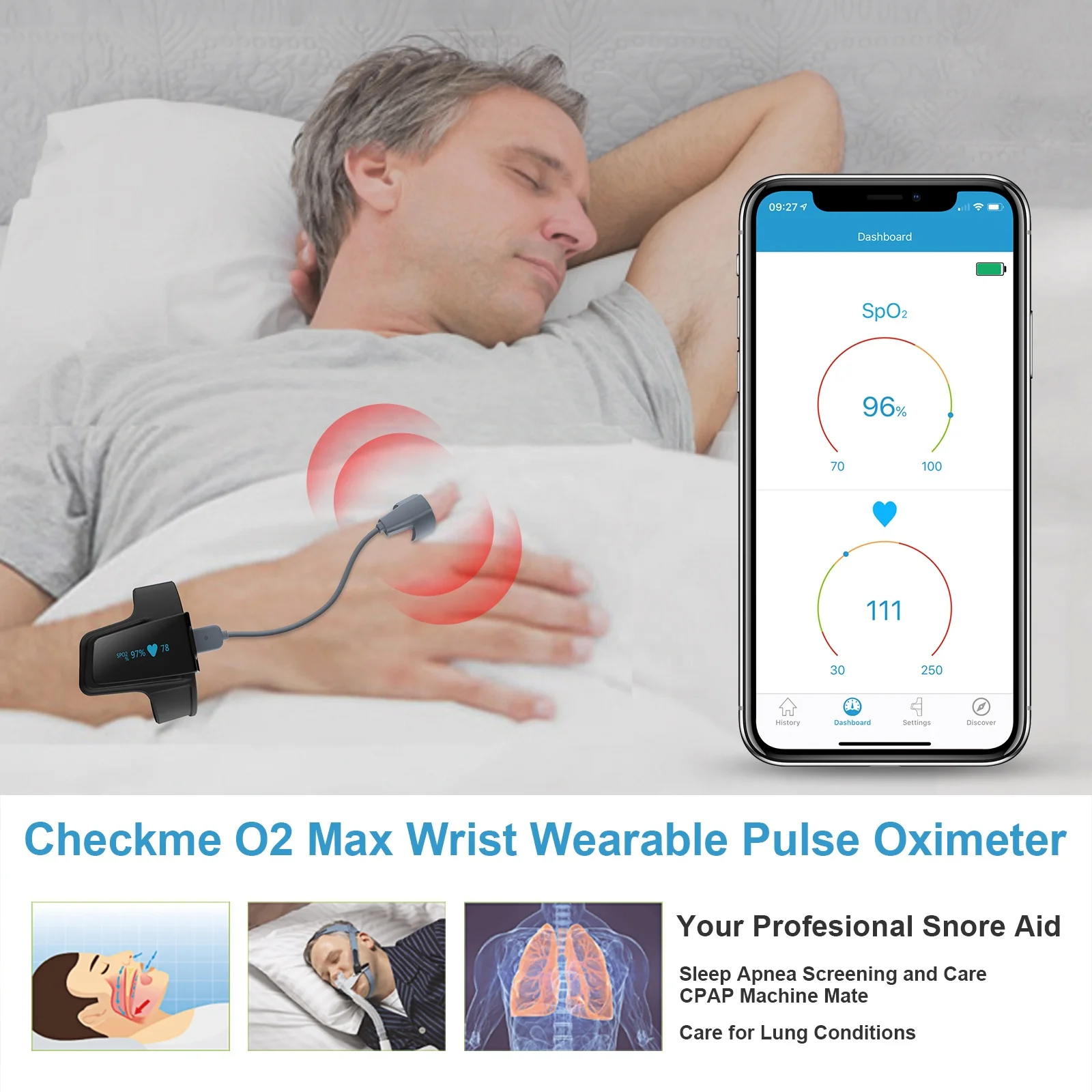 Wellue Checkme O2 Max Rechargeable Pulse Oximeter Heart Rate Variability Monitor Sleep Apnea Monitor