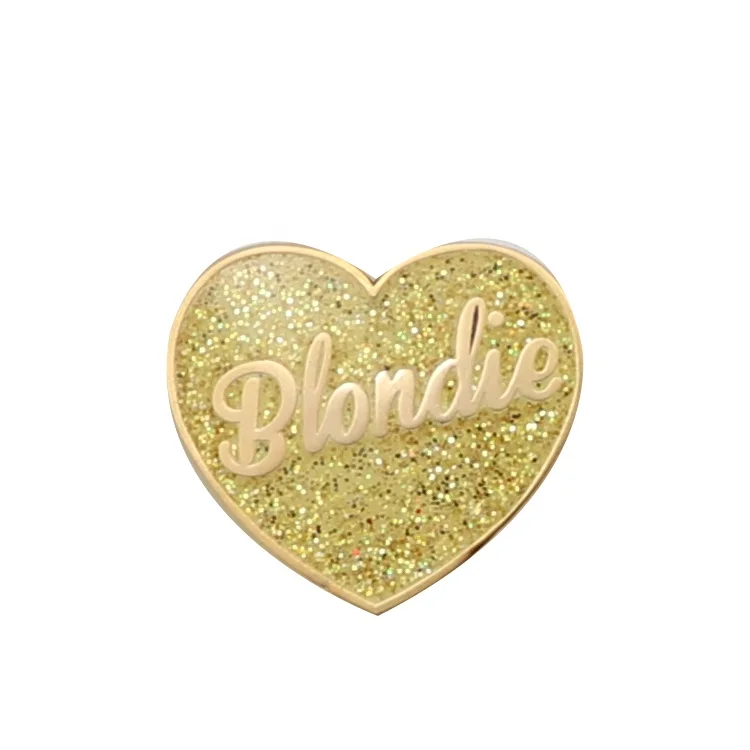 
Hot sale heart shape hard enamel badge glitter heart shape yellow zinc alloy lapel pins 