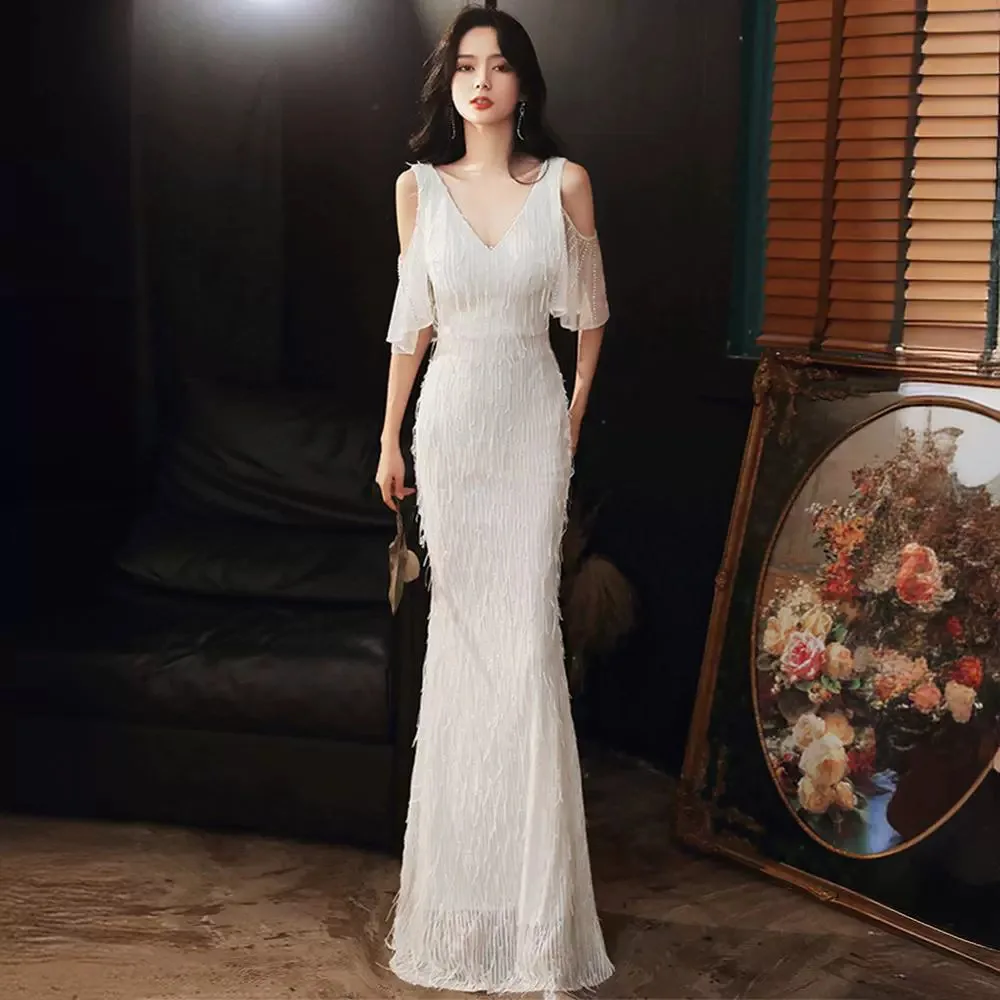 S2623R 2025 White Engagement Temperament Sweet Fashion Fishtail Simple Sexy Niche Evening Dress