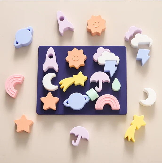 2022 New Food Grade Baby Silicone Weather 3D Tangram Building Block Set Education Montessori Puzzle Board