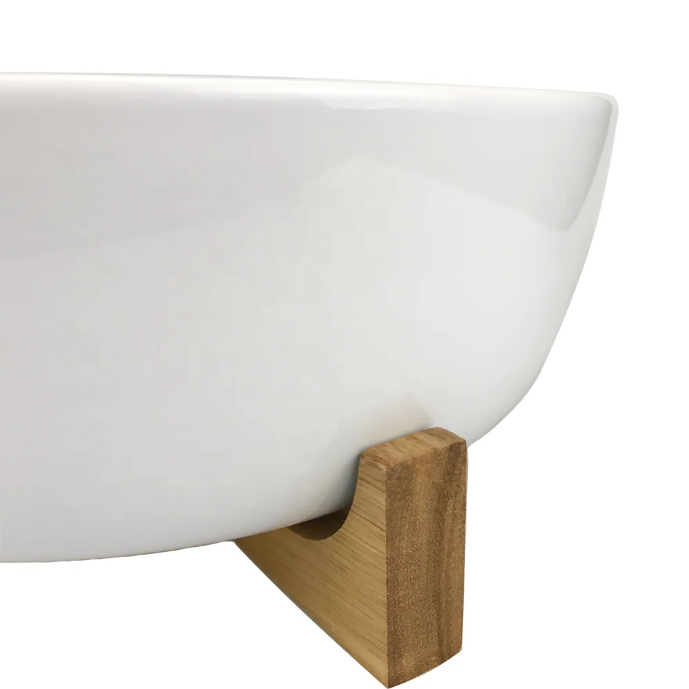 Fruit Ceramic Pasta Large Round Bowls Ceramic Salad Mixing Bowl With Acacia Stand