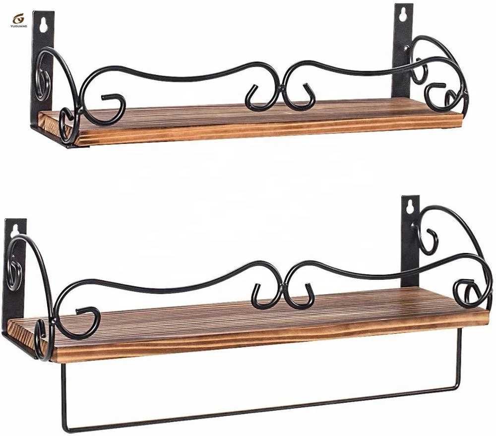 
Set of 2 Rustic Wood Floating Shelves with Removable Towel Bar Perfect for Kitchen Bathroom Floating Shelves Wall Mounted 