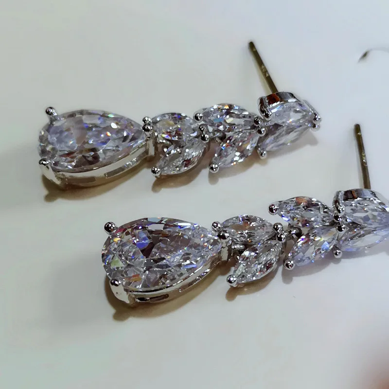  Luxury Leaf Zircon Bridal Earrings For Women Trendy Crystal Bling Drop Wedding Jewelry Party 2021