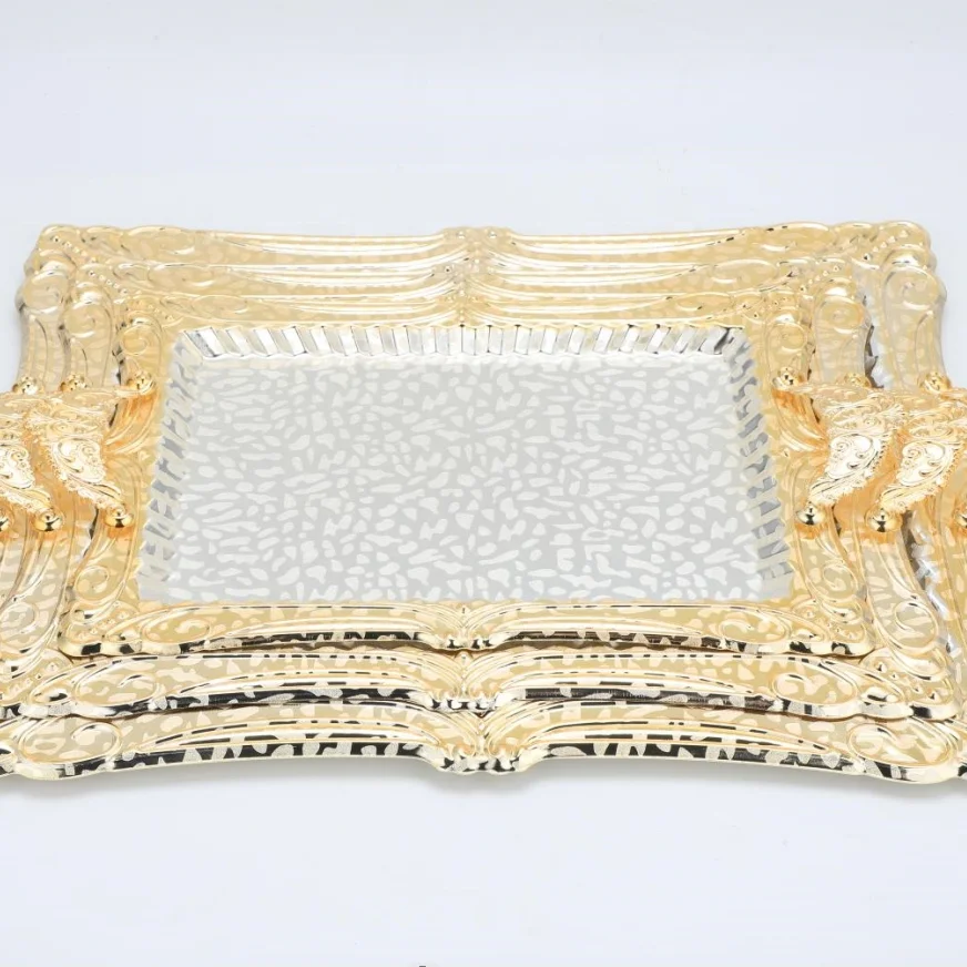 Metal Stainless Steel Tray Hotel Arab Silver Golden Plated Mirrored dishes & plates with gold handle