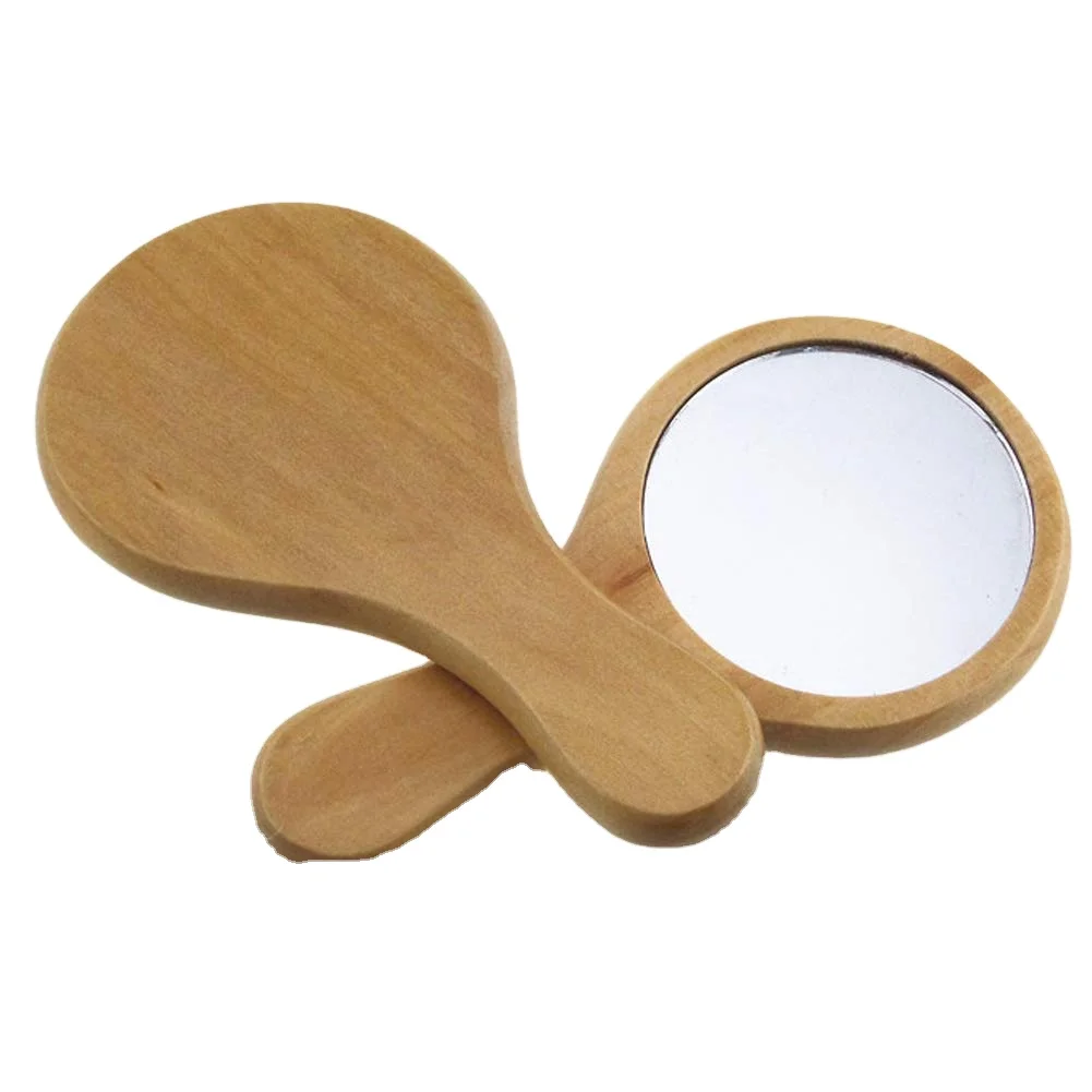 Handmade Portable Handle Round Cosmetic Mirror with Single Handle Personal Vanity Cosmetic Wooden Handheld Mirror