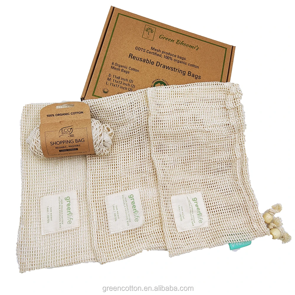 Yiwu greencotton Zero Waste Eco-Friendly Organic Cotton Fruit Vegetable Grocery Shopping Bag Net Mesh Bag