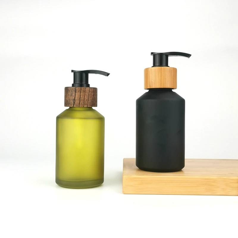 matte black glass bottle 125ml sloping shoulder serum glass bottle 4 oz cosmetic lotion bottle with bamboo pump for body milk