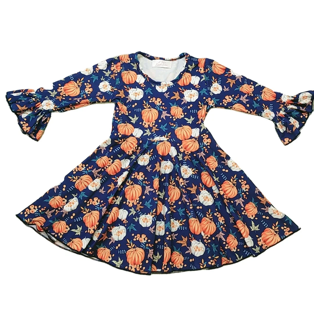 
Wholesale boutique pumpkin printed baby 3 year old girl long bell sleeve cute children clothes halloween dress 