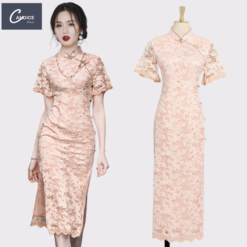 Candice wholesale top fashion Chinese style cheongsam High split lace bodycon dress