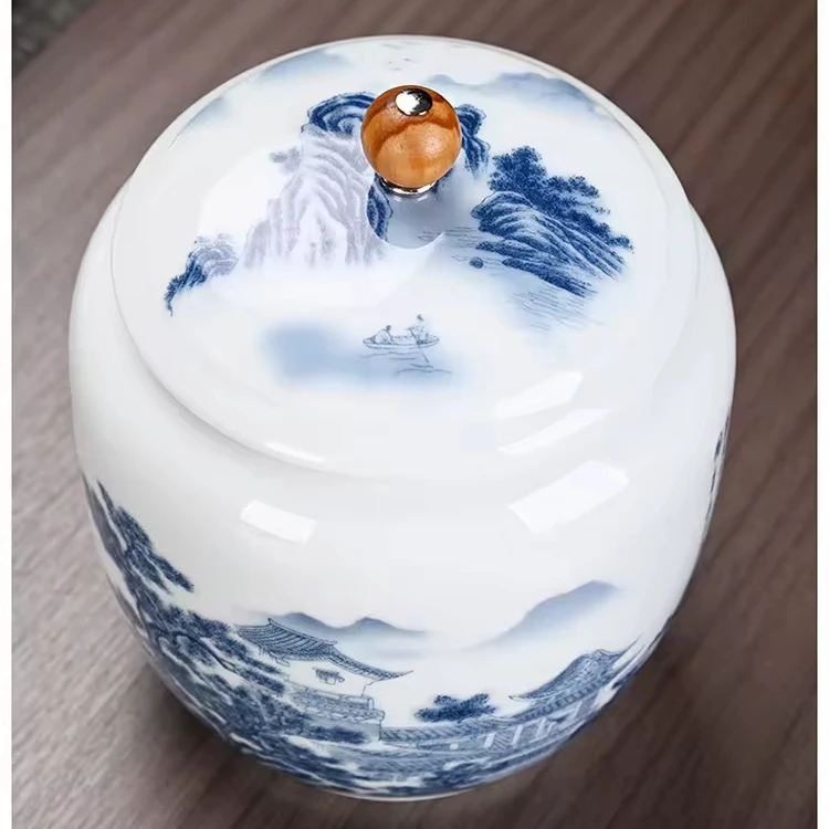 portable porcelain food and tea and rice storage jar with wood knob lid porcelain storage can