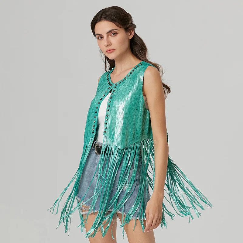 European Carnival Cowboy Cardigan Coat Women Sequin Fringe Vest