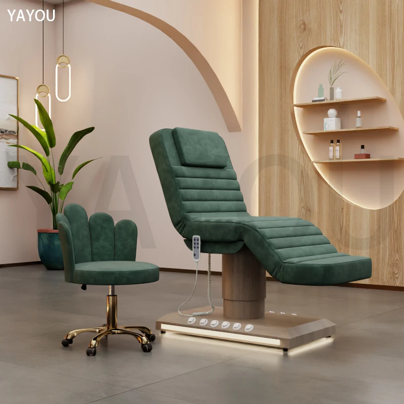 Yayou Hot Sale Wood Grain With LED Foot Control Base Emerald Green Velvet 3 Motors Electric Beauty Massage Facial Bed