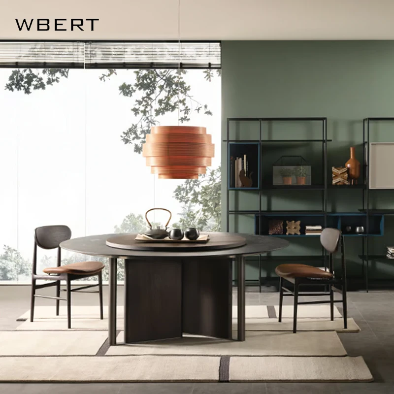 WBERT Modern  Living Room with Rotary Table, Solid Wood Marble Round Table Hotel Restaurant Furniture Minimalist Dining Table