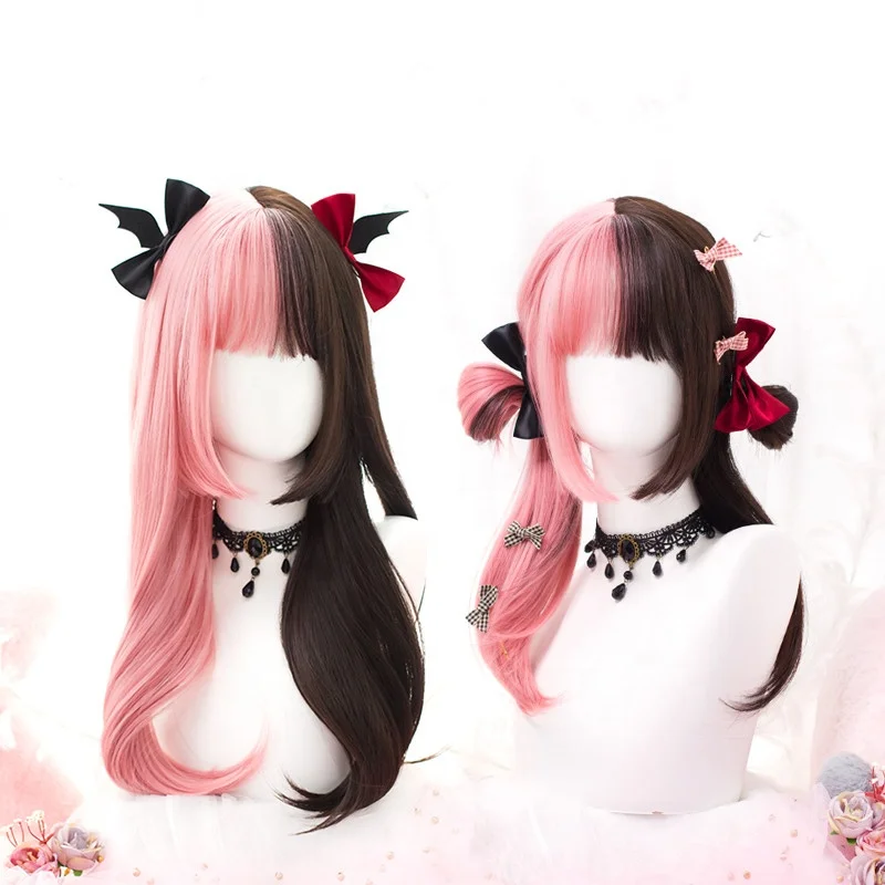 High Quality 55cm Long Curly Pink Brown Mixed Peluca Synthetic Hair Anime Cosplay Wigs Lolita Wig For Girls CS-821A