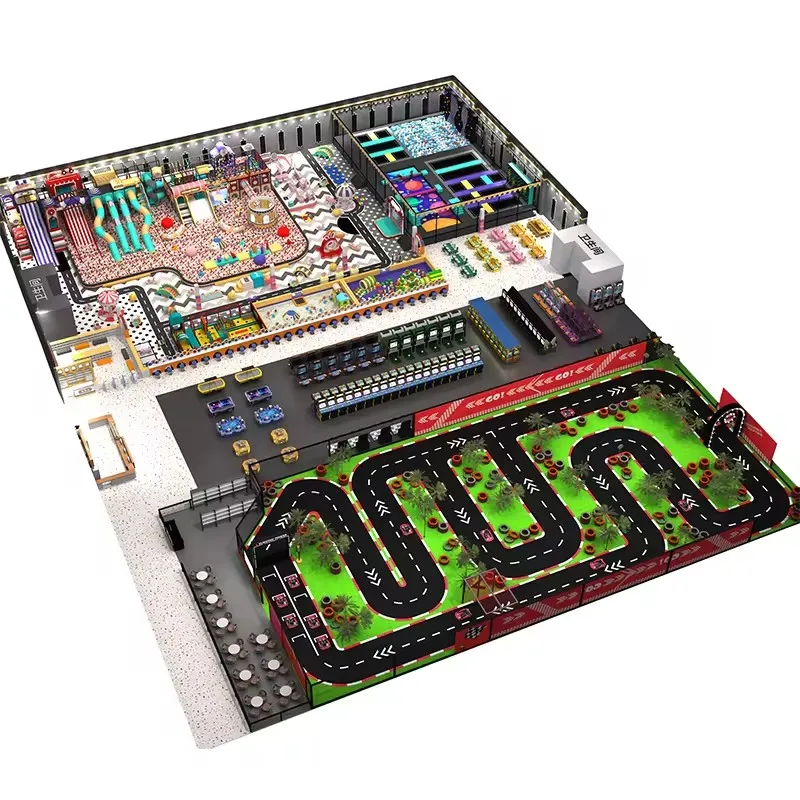 Build a large and fully decorated indoor playground game center for children and adults in the mall