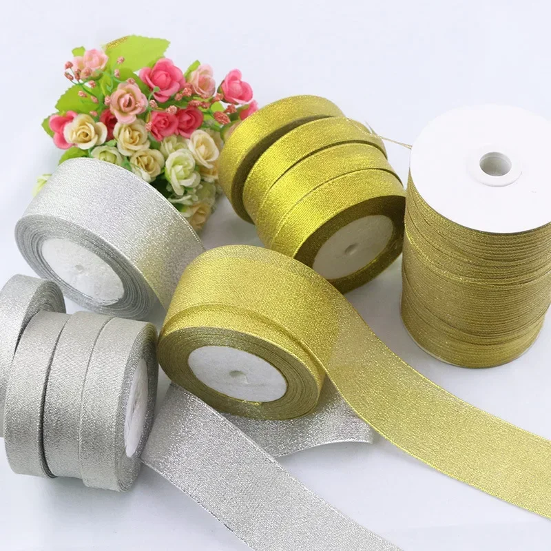1.2cm 25 Yards/Roll Gold/Silver Glitter Organza Ribbon Width DIY Handicraft Accessories Tapes Wedding Cake Gift Decoration