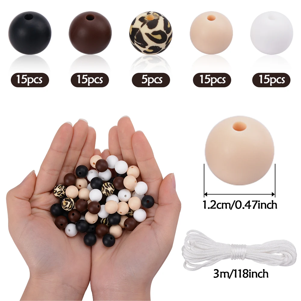 Wholesale Cow Leopard Silicone 12mm Printed Beads 65PCS For Jewelry Making with 3m Nylon Cords set