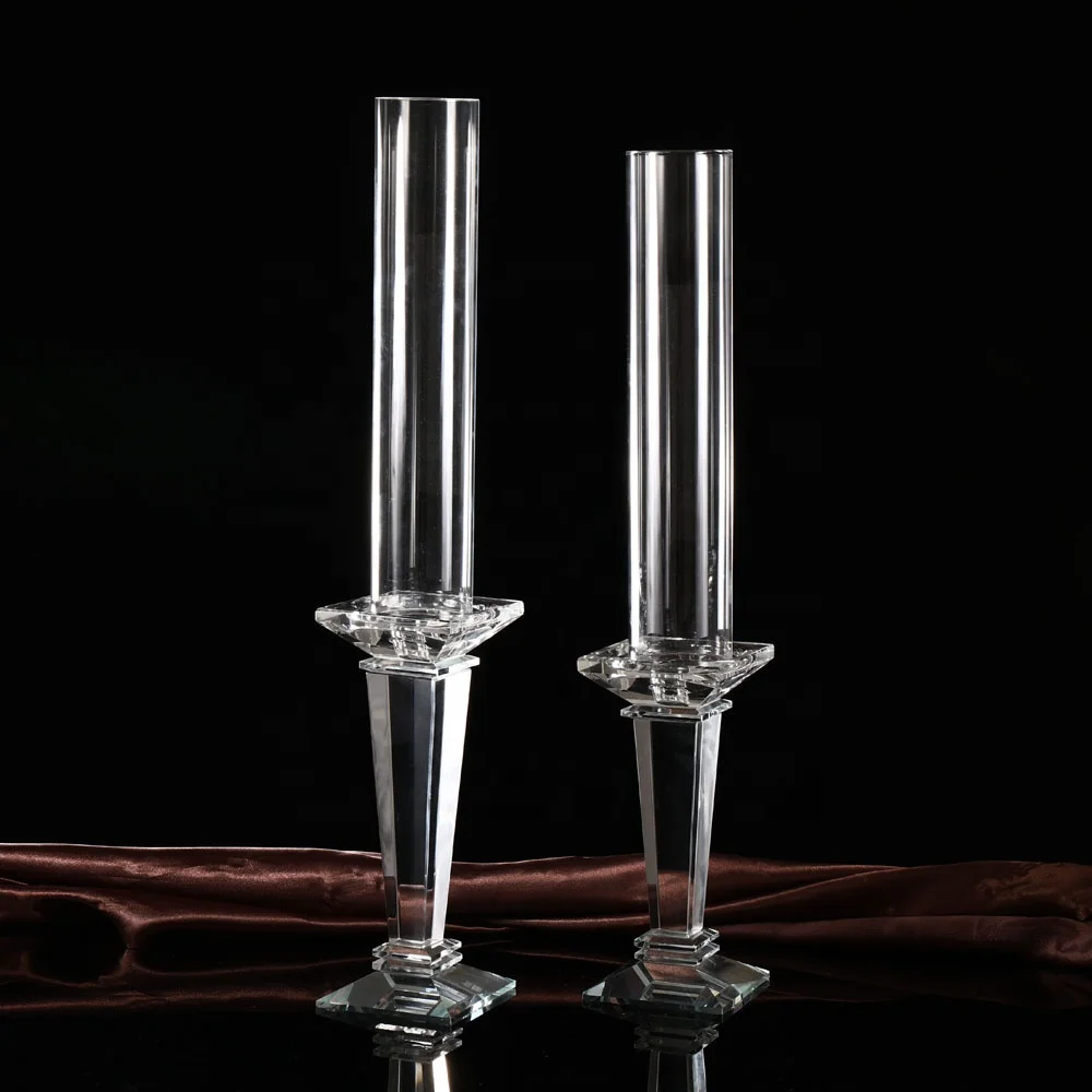 Mh-y095 Tall Cylinder Glass Candle Holder Crystal Pillar Candlestick With Tube