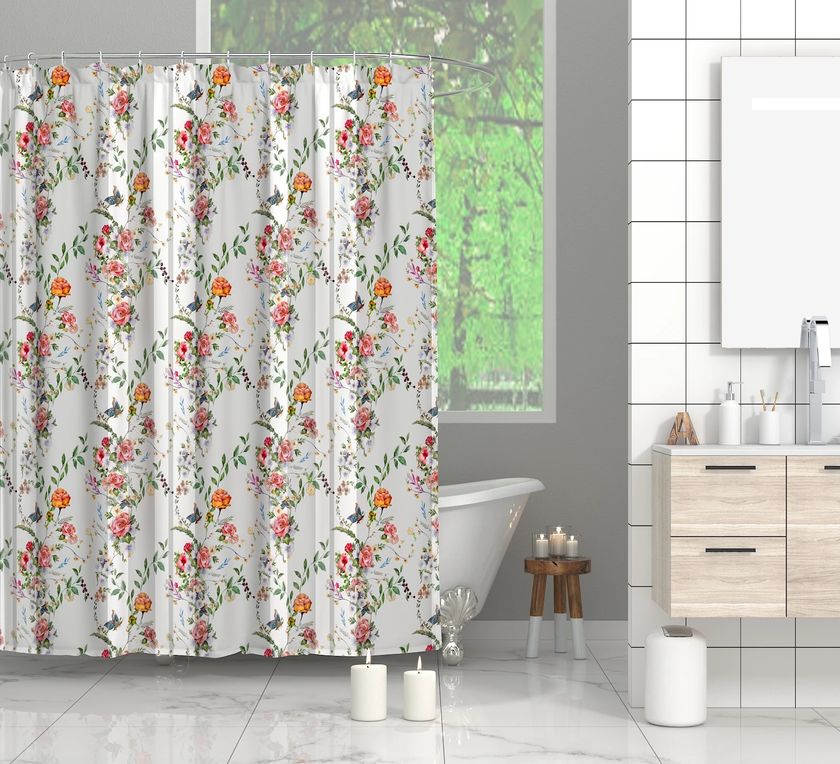Custom 3D-printed Marbling pattern shower curtain set with hook stitched  eyelets  Waterproof Bath Set