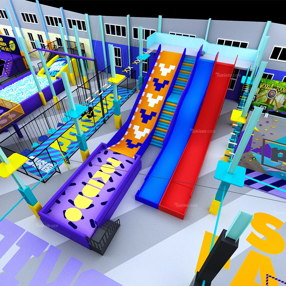 Pokiddo Customized 1572 sqm indoor amusement park trampoline park plastic slide indoor playground equipment for children