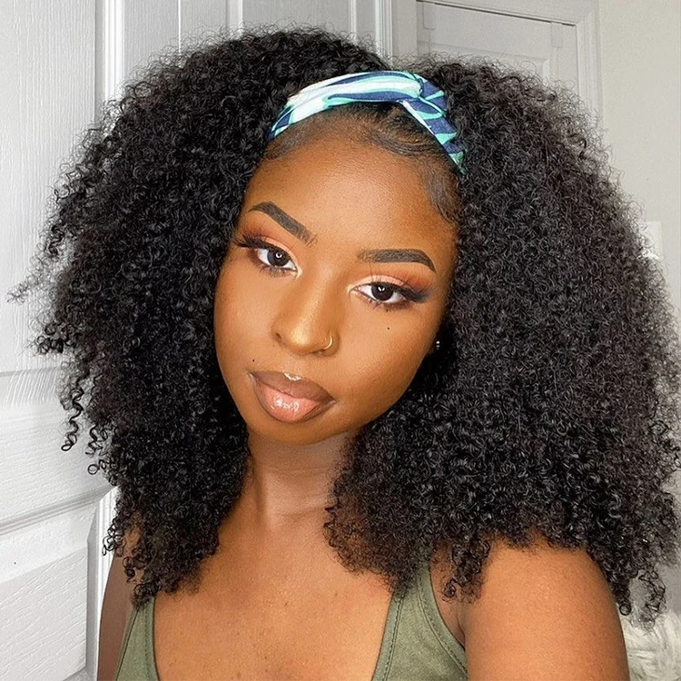 Human Hair Lace Front Headband Wig Remy Hair Glueless Ice Silk Scarf Wig Pineapple Afro Kinky Curly Headbands Wigs