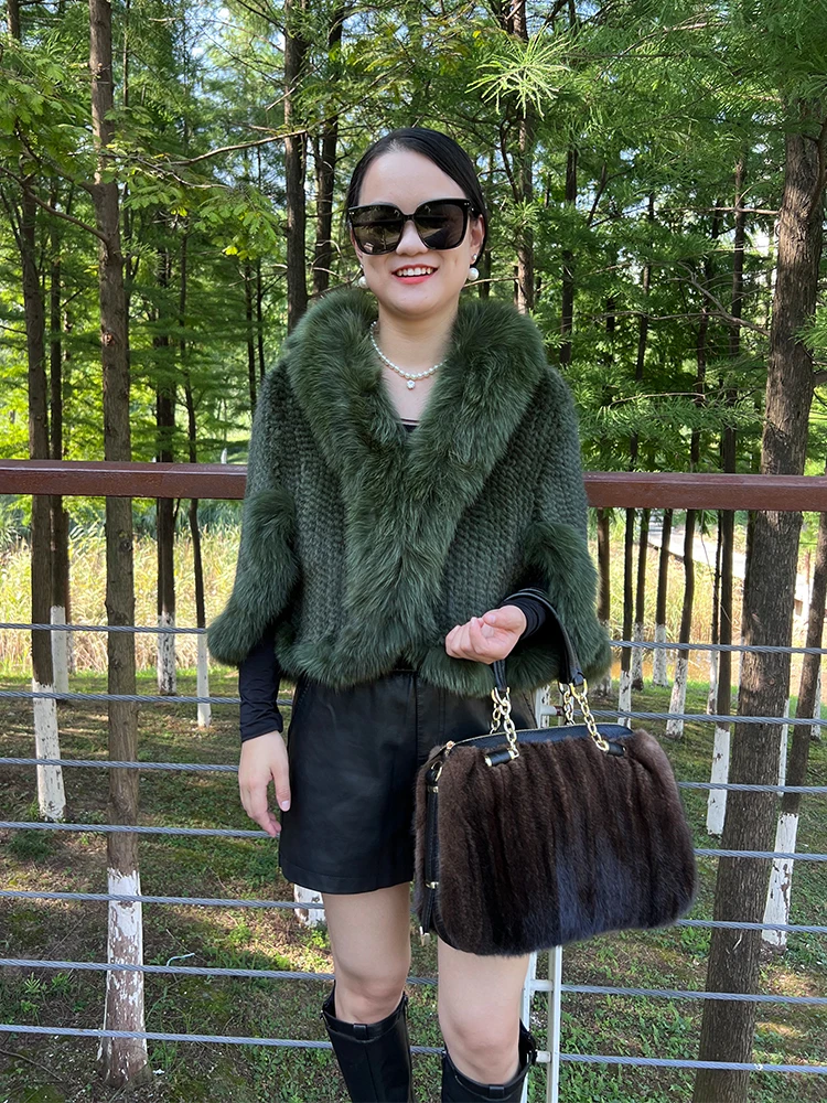 2023 women winter luxury hand knitted real mink fur shawl ladies mink fur capes with fox fur collar classic poncho design