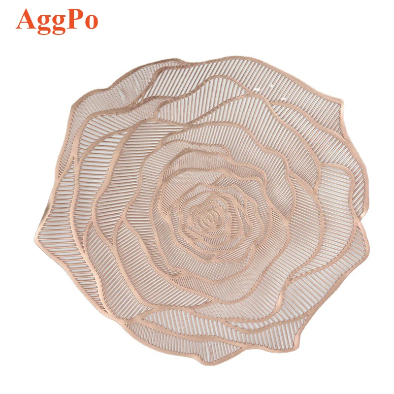 Round Gold Placemats Rose Flower Pressed Vinyl Place Mats Elegant Tablemats Kitchen Table Setting for Table Decorative