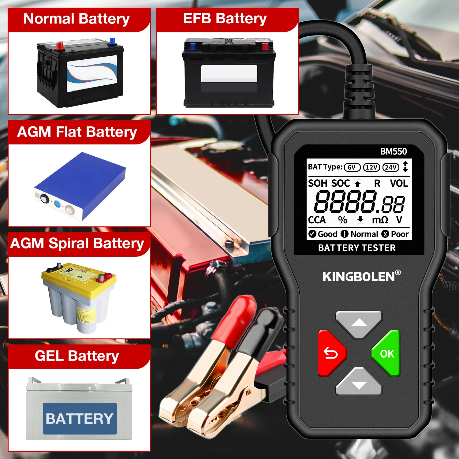 Тестер автомобильного аккумулятора KINGBOLEN BM550 OBD2 6V 12V 24V 100-2000 CCA 2Ah-220Ah