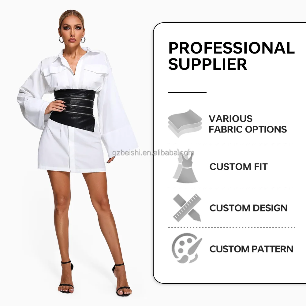 BEISHI Long Sleeve White Loose Casual Office Women Blouse Shirt  Ladies Tops Shirt Dress With Pu Waistband