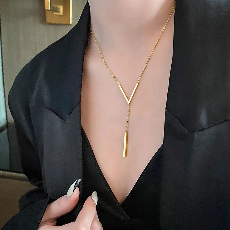 Stainless steel V-shaped long sexy Clavicle Necklace Ladies and girls stainless steel Gold colour chain Necklace Party jewelry