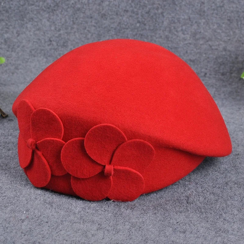 Wool Flat Head Hat With Flower Design Beret  Hats For Lady