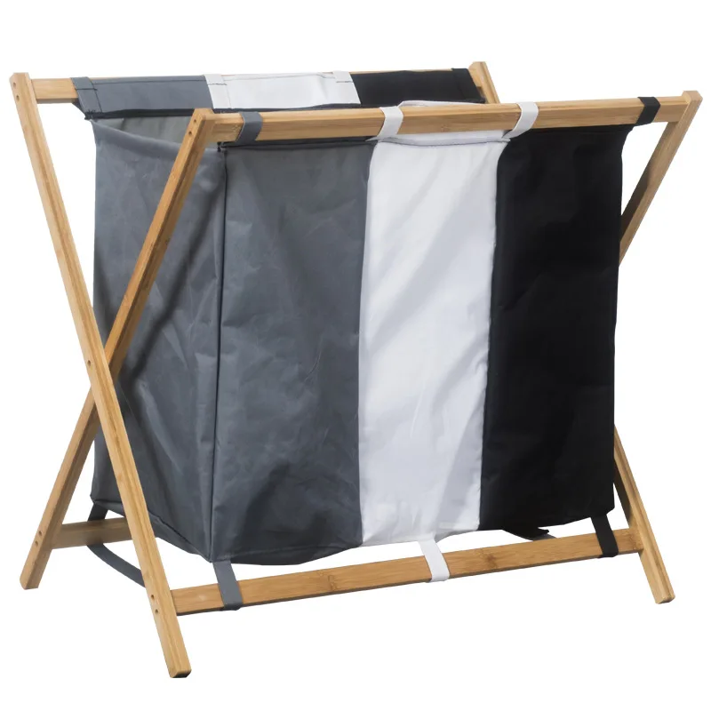 Hot selling Bamboo 3 Compartments Storage Laundry Hamper Basket Foldable Laundry Basket for Bedroom Bathroom