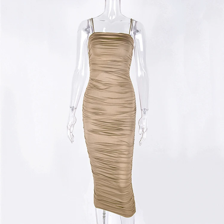 2 Layers Pleated Dress Solid Color Spaghetti Strap Slash Neck Elegant Dresses Women Evening Club Dresses Sexy