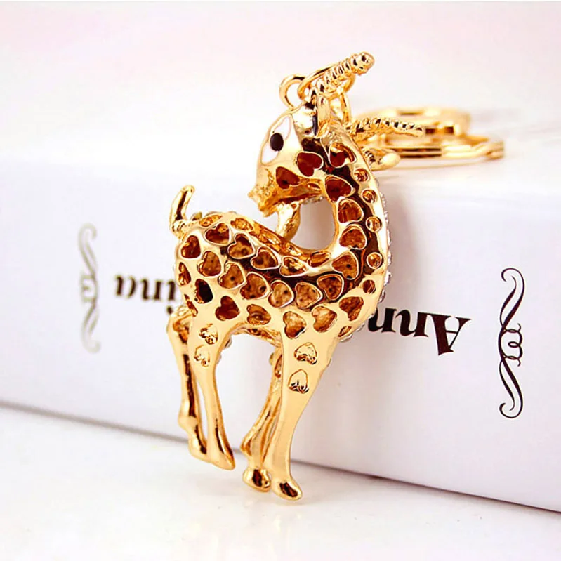 Environmental Protection Metal Zinc Alloy Gold Plated Animal Goat Sheep Pendant Crystal KeyChain For Girl