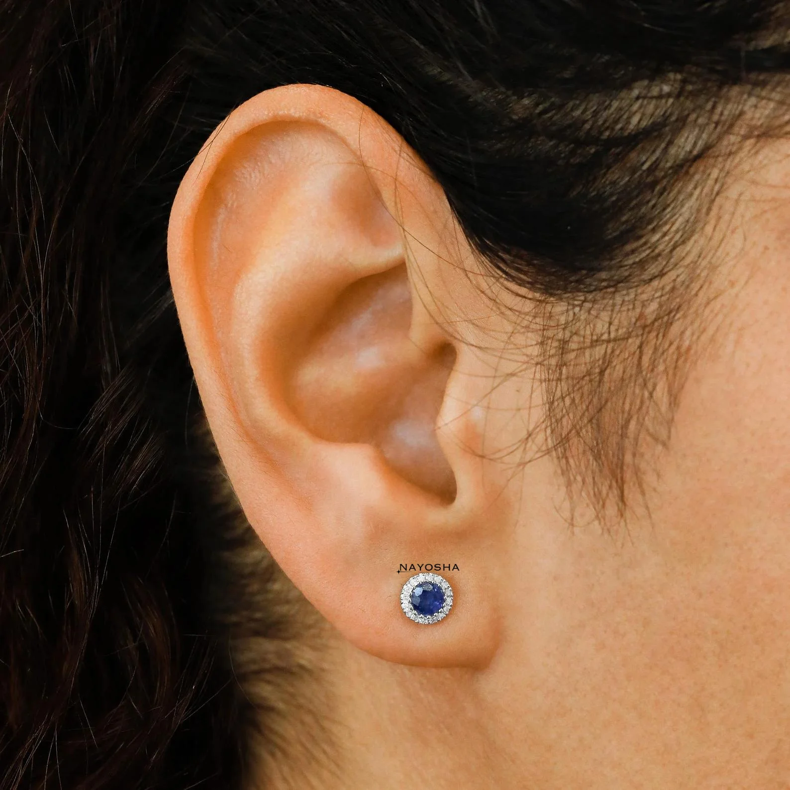 Small Diamond Earrings, Bordered Round Tanzanite Sapphire Emerald Ruby Aquamarine Studs, 10k Solid Gold