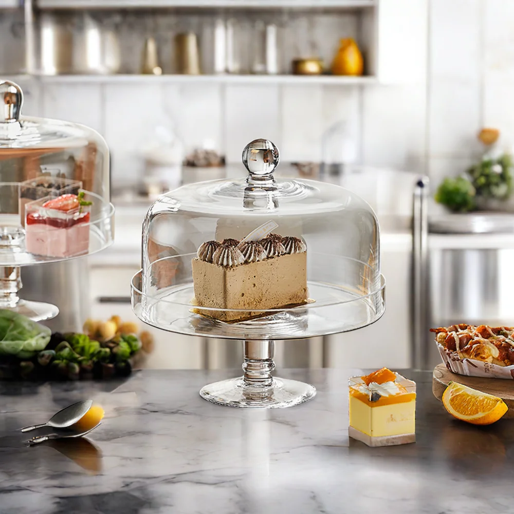 OEM/ODM Custom Creative Transparent Dust-proof Glass Cover High Foot Plate Dessert Table With Cake Stand