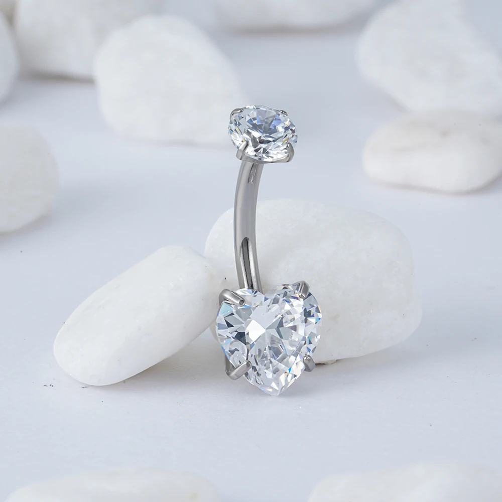 Right Grand ASTM F136 Titanium 14G Heart Shaped CZ Belly Button Ring Navel Curved Barbell Stud Body Piercing Jewelry