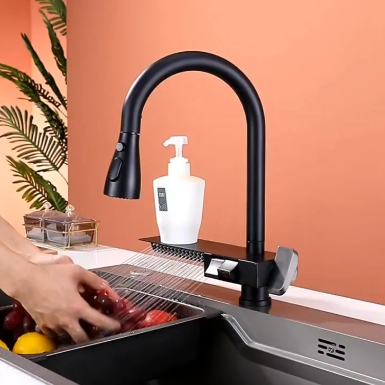 SANIPRO New Fly Rain Waterfall 304 Stainless Steel Sink Kitchen Tap Mixer Push Button Piano Key Pull Out Down Sprayer Faucets